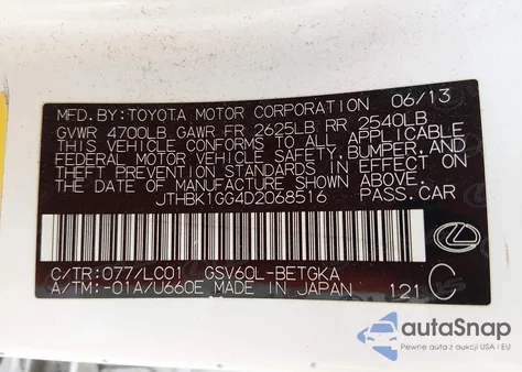 2013 Lexus Es 350 z USA, uszkodzony, nr VIN JTHBK1GG4D2068516